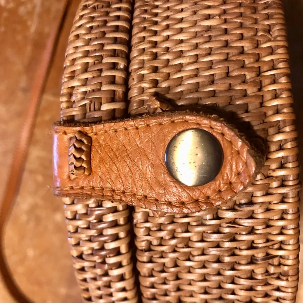 Straw Studios Round Straw and Leather Woven Crossbody Bag in Tan